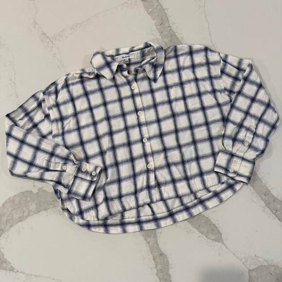 Madewell Flannel Crop Boxy Long Sleeve Shirt Windowpane Women's Small Collared - Picture 1 of 5